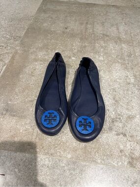 Tory Burch Navy Leather Ballet Flats with Bright Blue Logo